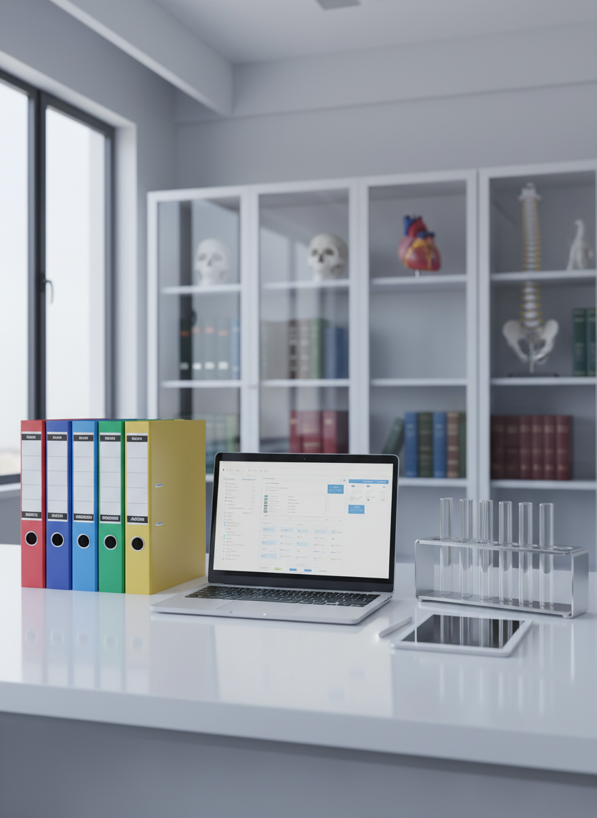A neatly arranged white laboratory bench featuring an open silver laptop displaying a blurred scientific dashboard, surrounded by color-coded research binders, a sleek digital tablet with a stylus, and a tidy rack of empty, crystal-clear test tubes. In the background, glass cabinets with neatly organized anatomical models and reference books line a modern academic lab. Soft daylight from large windows washes the scene in a cool, even glow, creating gentle reflections on the polished surface. Photographic realism from a slightly elevated, eye-level angle with moderate depth of field keeps the foreground in crisp focus and the background softly blurred, evoking a professional, research-driven atmosphere suitable for a high school medical blog homepage.