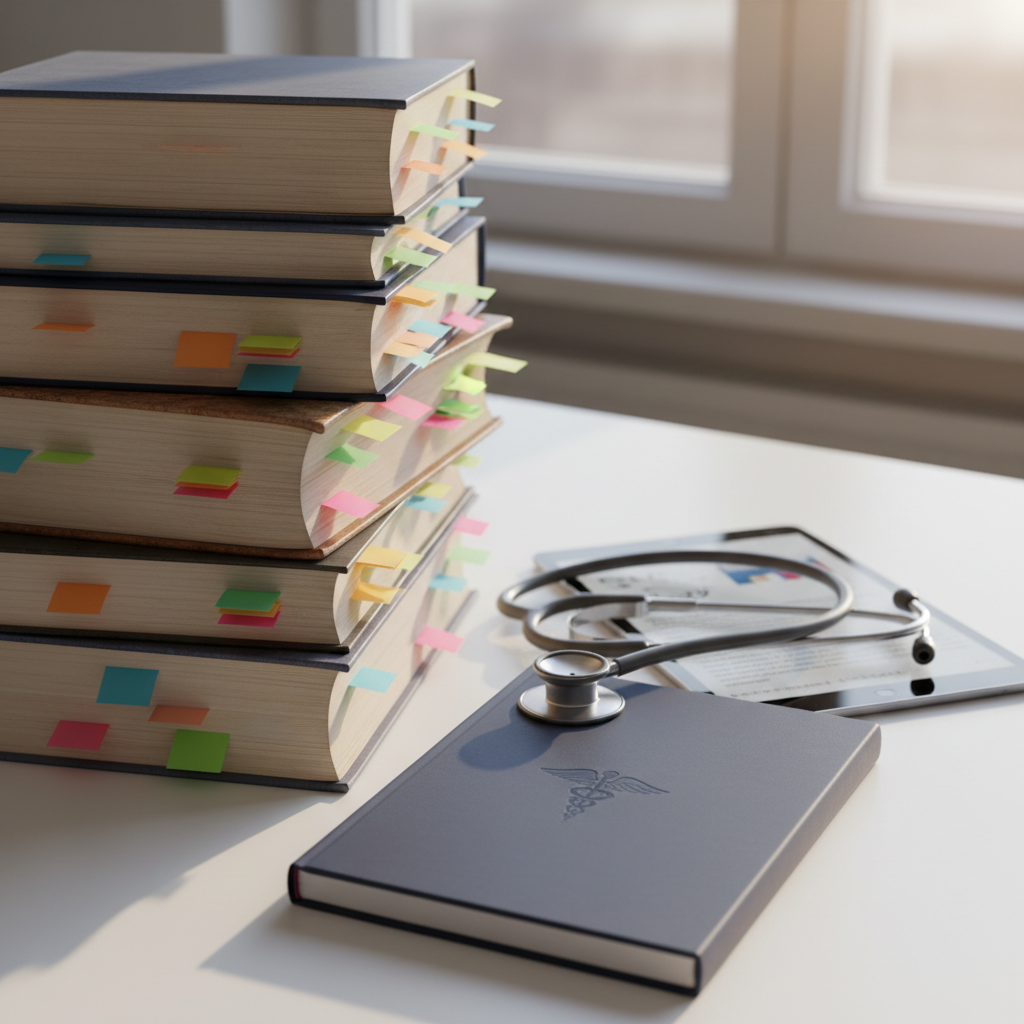 A close-up of a glossy white desk with a stack of well-worn medical textbooks, each with colorful tabs marking research-backed sections, beside a minimalist silver stethoscope resting on a navy-blue notebook labeled with a subtle embossed caduceus icon instead of text. A slim tablet lies nearby, showing an out-of-focus scientific article. The scene is set near a large window in a quiet study room, with diffused afternoon light casting soft shadows and highlights across the textures of paper and metal. Photographic realism, shot at a shallow depth of field and three-quarter angle, creates an intimate, focused mood that emphasizes academic curiosity and careful study without depicting people.